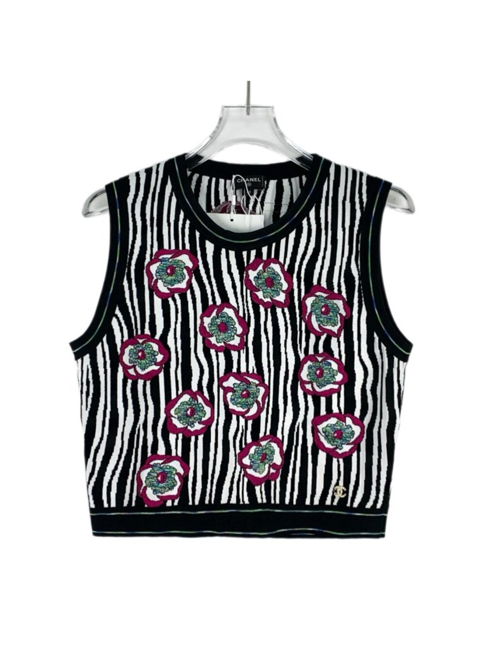 Chanel 2023 Color-Block Striped Floral Logo Knit Tank Top